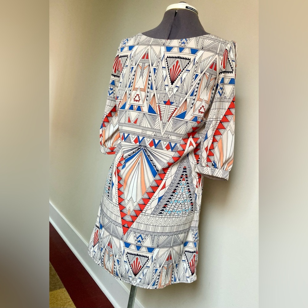 Pink Owl 3/4 Sleeve Dress with Red and Blue Geometric Design